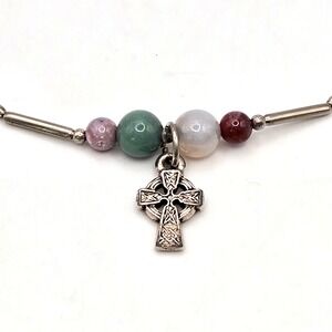 925 Sterling Silver Anklet / Bracelet Multi Gemstone Bead Celtic Cross 9 Inch